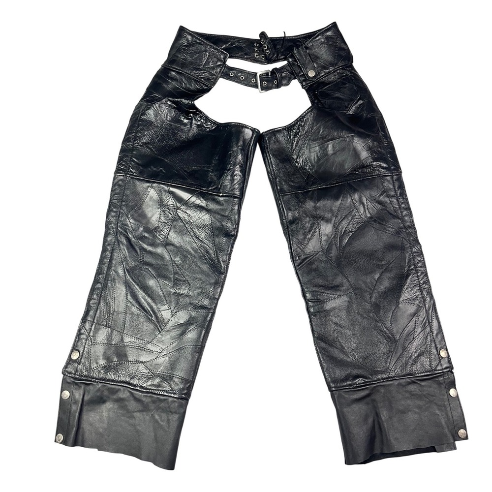 Diamond Plate Buffalo Leather Motorcycle Chaps Black Patchwork Unisex Small